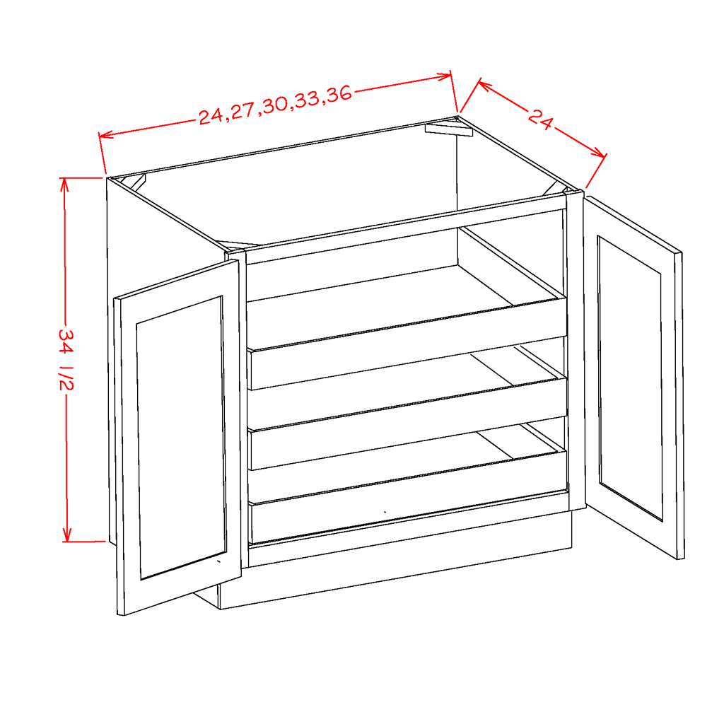 Artisan Shaker Double Door Base Cabinet with Full Height Door and Three Rollout Shelves - 33"W X 24"D