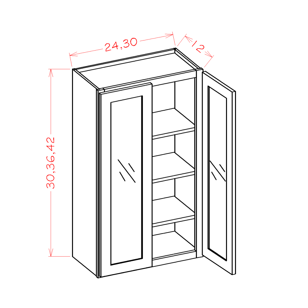Artisan Shaker Wall Glass Door Cabinet - 30"W X 30"H X 12"D-1D-2S