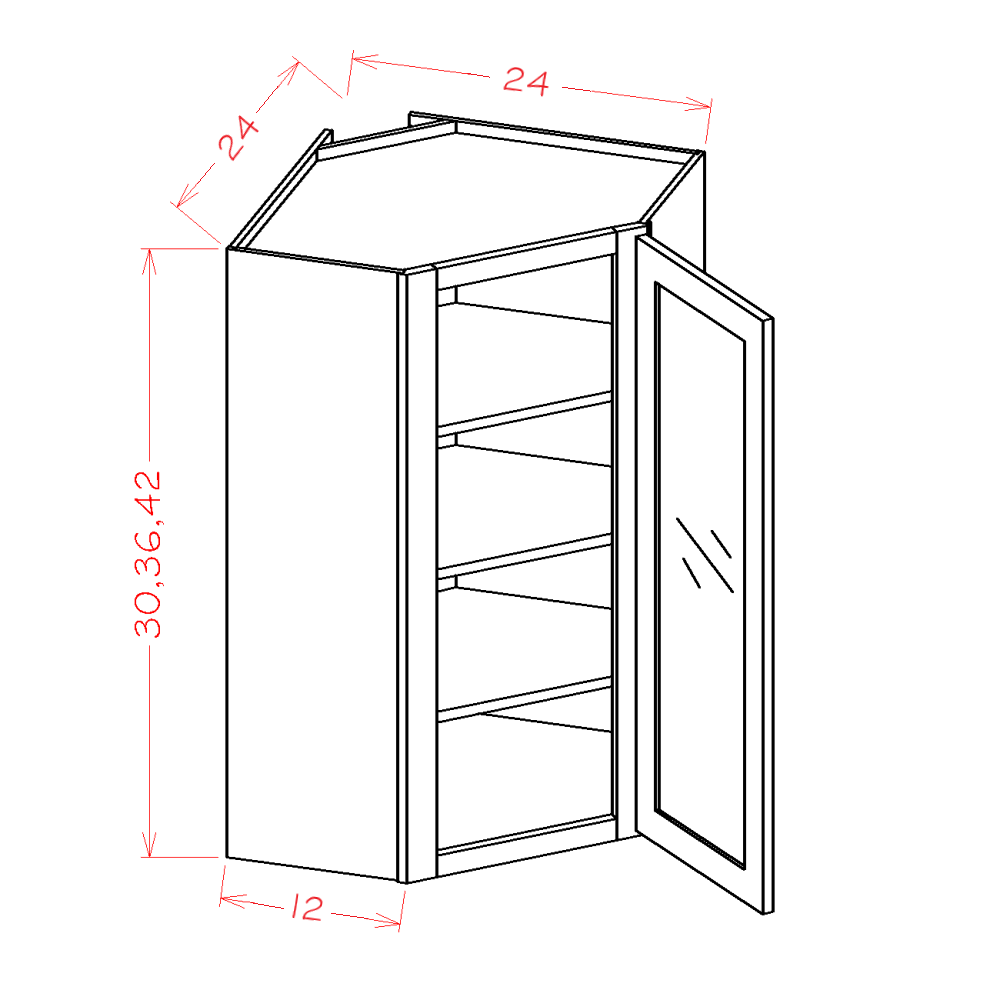 Gunnison Shaker Wall Diagonal Glass Door Corner Cabinet- 24"W X 30"H X 12"D-1D-2S