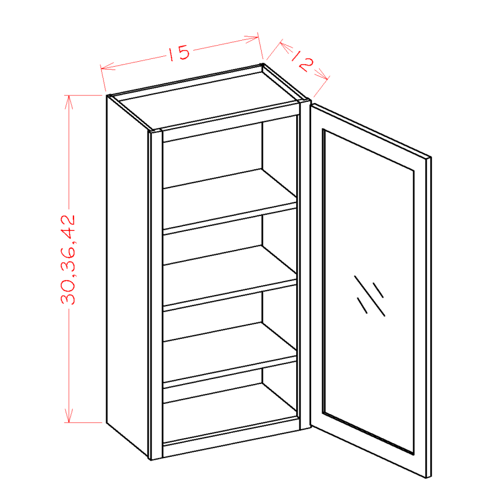 Gunnison Shaker Wall Glass Door Cabinet - 15"W X 42"H X 12"D-1D-3S