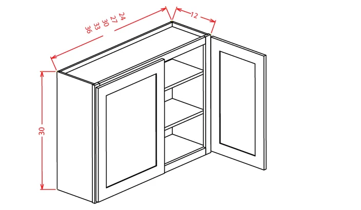 Artisan Shaker Wall Glass Door Cabinet- 24"W X 30"H X 12"D-2D-2S