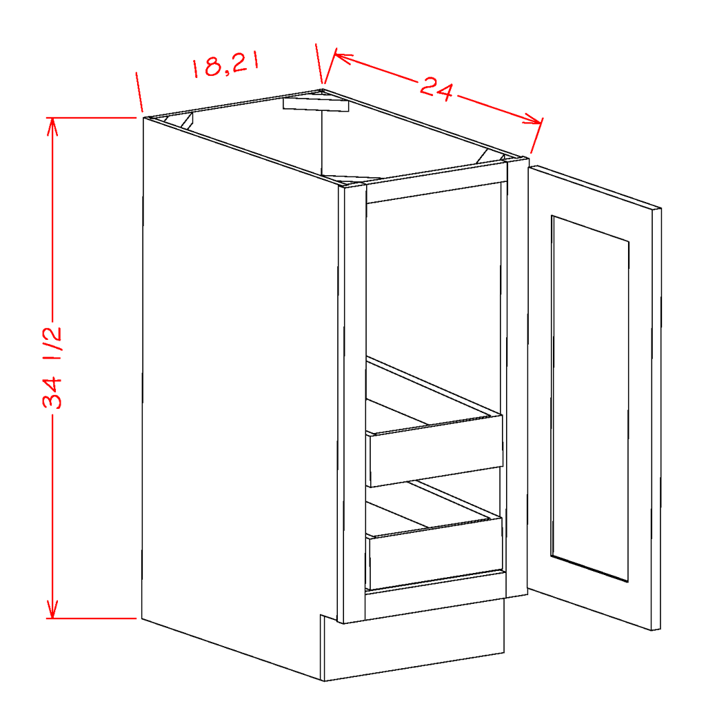 Natural Shaker Base Cabinet with Two Rollout Shelves - 21"W x 34-1/2" x 24"D