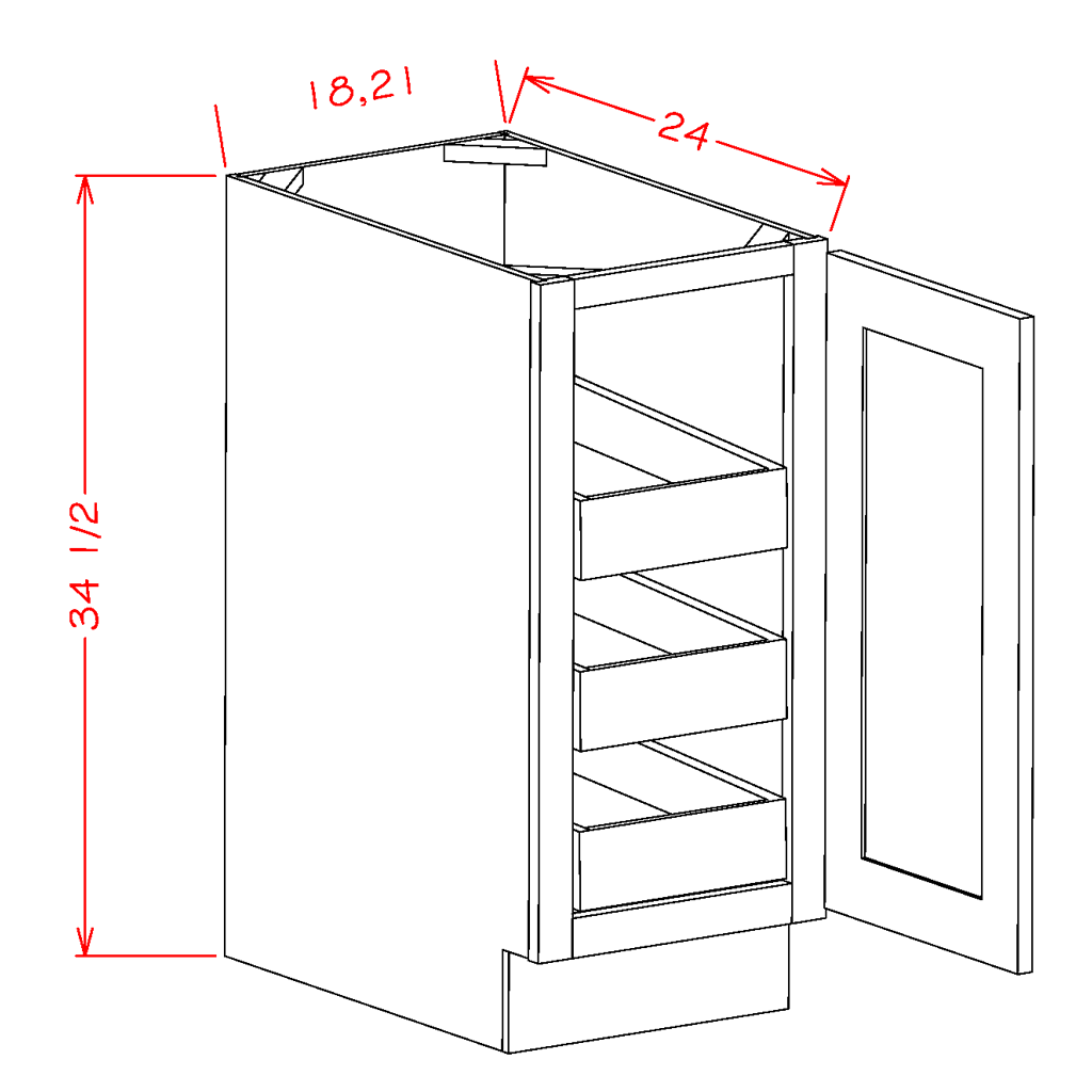 Natural Shaker Base Cabinet with Three Rollout Shelves - 21"W x 34-1/2" x 24"D