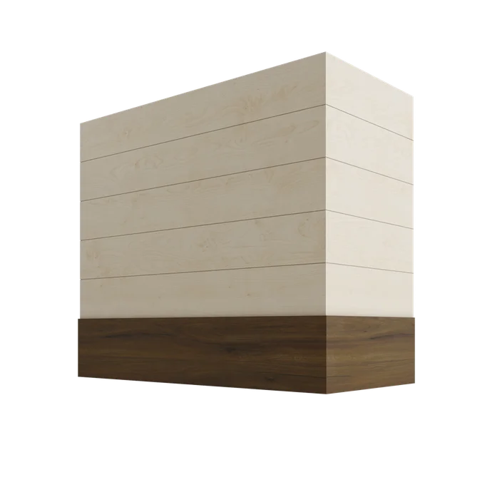 Wood Wall Mount Range Hood with Shiplap and Walnut Band – Box Style