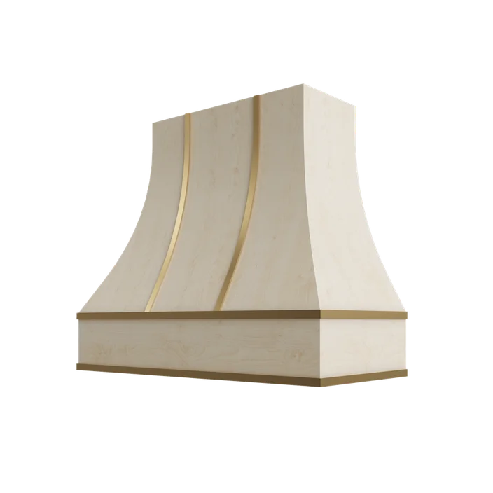 Wood Wall Mount Range Hood with Brass Strapping – Curved Style