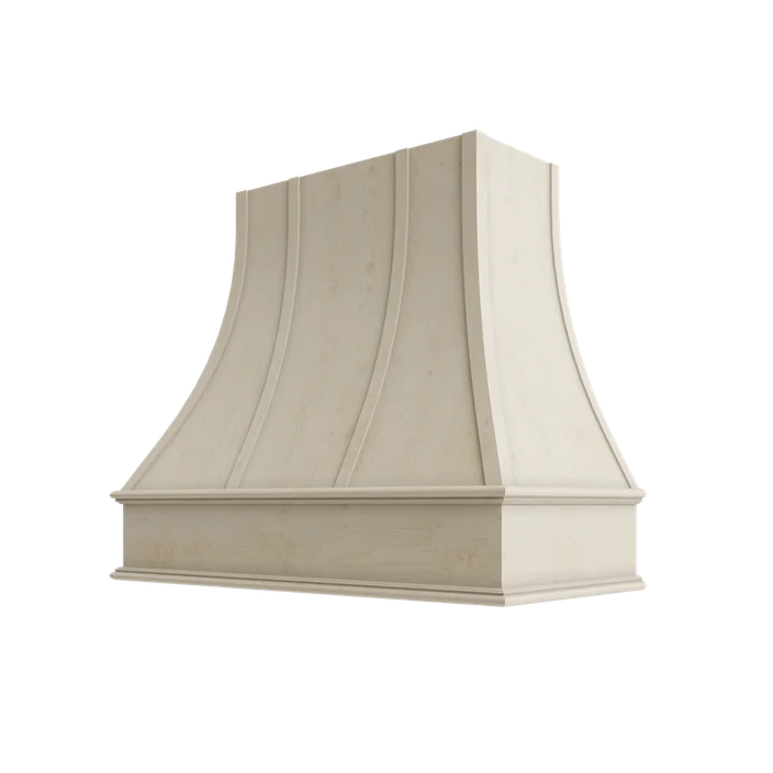 Wood Wall Mount Range Hood with Flat Trim and Strapping – Curved Style