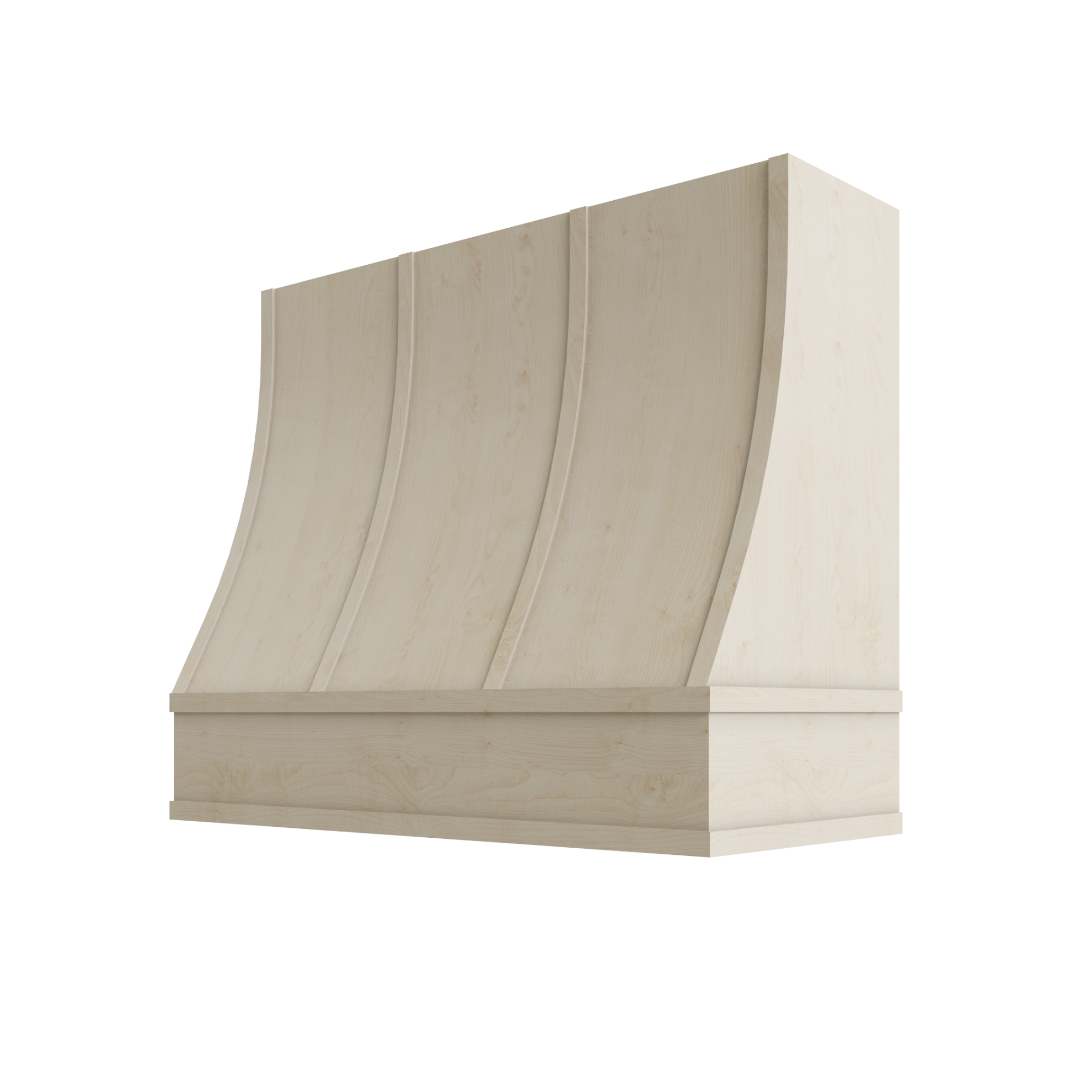 Wood Wall Mount Range Hood with Flat Trim and Strapping – Sloped Style
