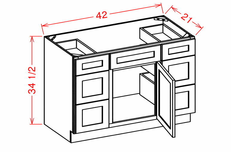 Black Shaker Vanity Double Drawer Combo Base Cabinet - 42"W x 34-1/2"H x 21"D