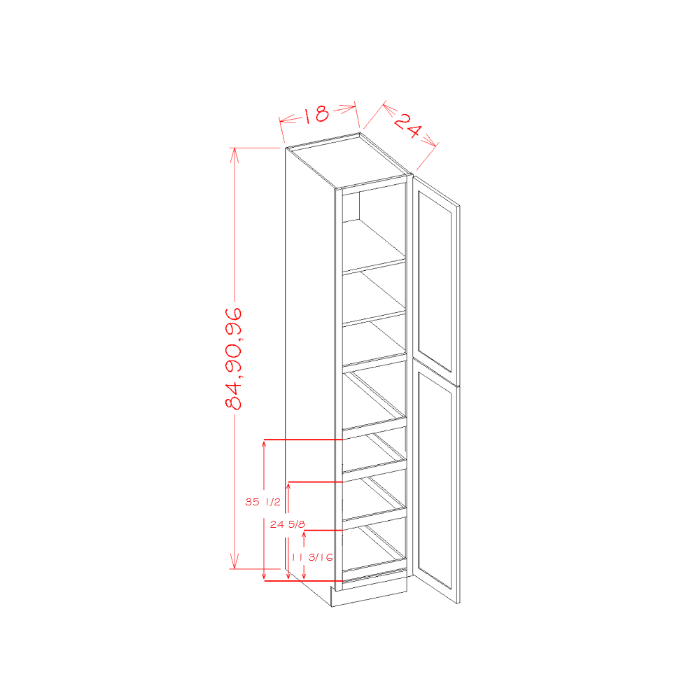 Gunnison Shaker Wall Pantry w/4 Rollout Shelves  - 18"W X 24"D X 90"H